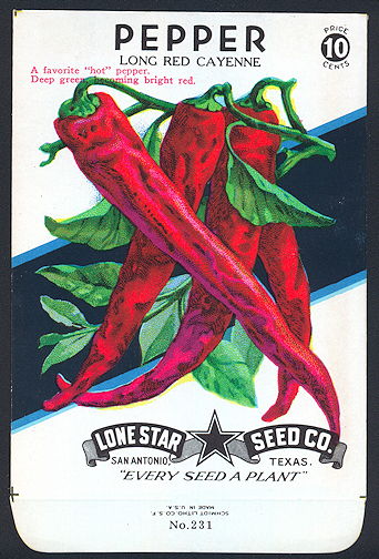 #CE070 - Brilliantly Colored Long Red Cayenne Pepper Lone Star 10¢ Seed Pack - As Low As 50¢ each