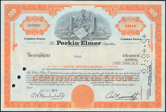 #ZZCE074 - Perkin-Elmer Stock Certificate