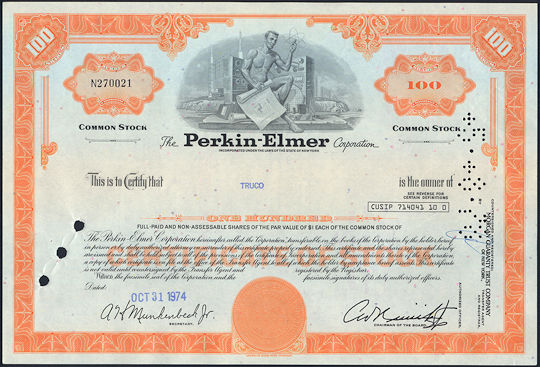 #ZZStock074 - Perkin-Elmer Stock Certificate