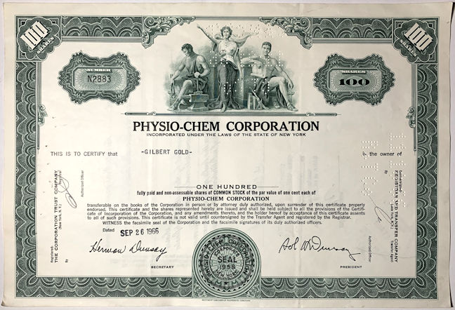 #ZZStock098 - Physio-Chem Corporation Stock Certificate