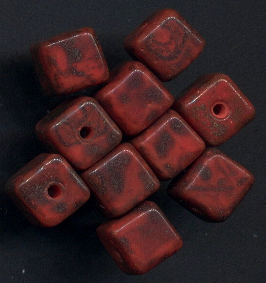 #BEADS0801 - Group of 10 Spectacular Czech Picasso Glass Cube Bead - Rare Reddish Colors