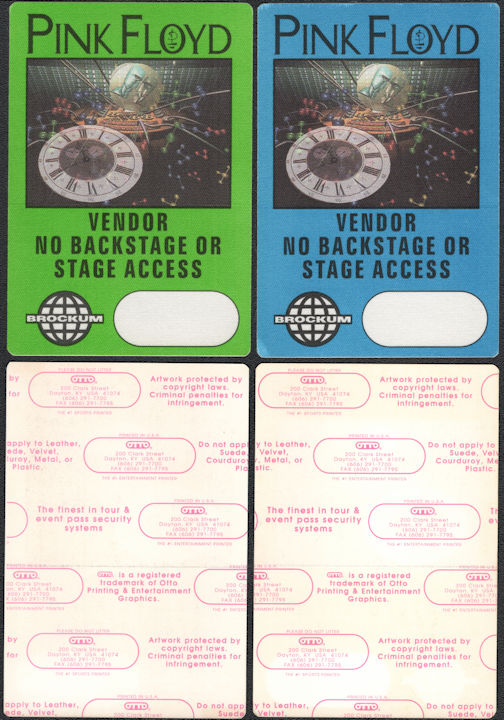 ##MUSICBP0854 - Pair of Two Different Colored Pink Floyd OTTO Cloth Vendor Passes from the 1994 Division Bell Tour