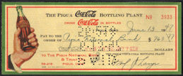 #CC364 - 1947 Coke Check with Hand Holding Bottle from Piqua, Ohio Plant