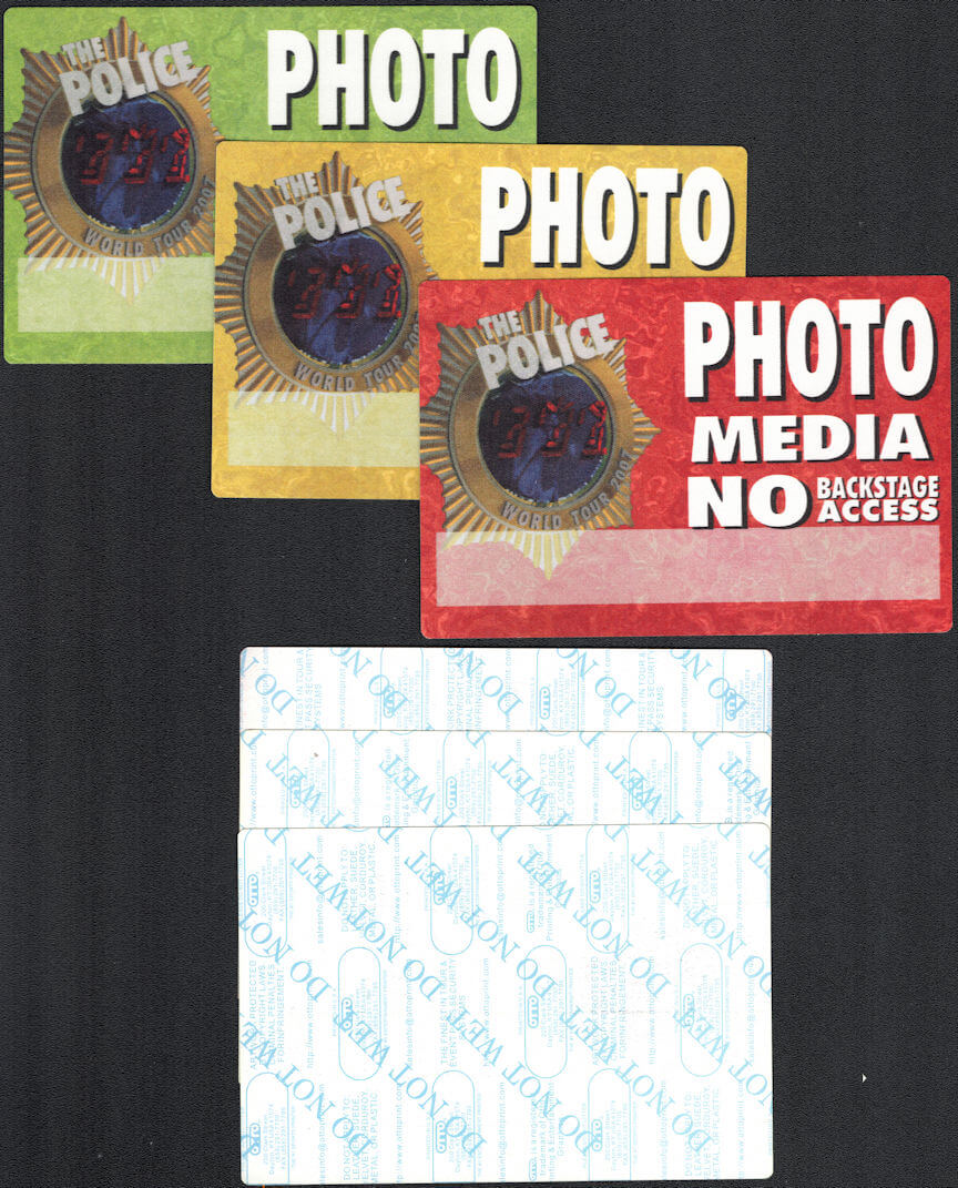 ##MUSICBP0332 - Group of 3 Different Colored Huge Oversized OTTO Cloth "The Police" Photo/Media Pass from the 2007 World Tour