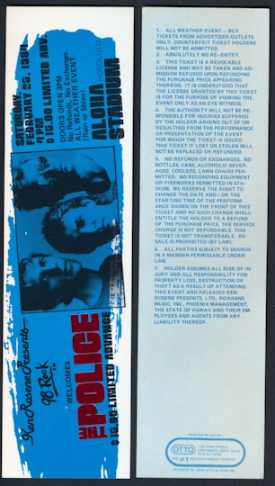 ##MUSICBPT0021 -  1984 The Police Ticket from the "Synchronicity" Tour at Aloha Stadium