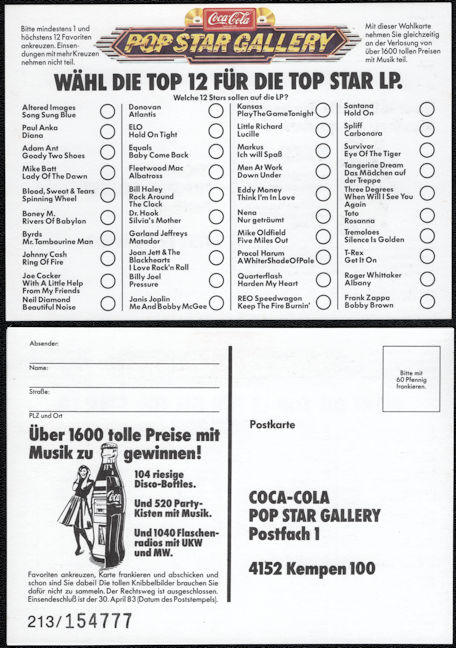 ##MUSICBQ0220 - German Coca Cola Pop Star Gallery Postcard to Vote on Your Favorite Pop Star and Win Prizes