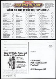 ##MUSICBQ0220 - German Coca Cola Pop Star Gallery Postcard to Vote on Your Favorite Pop Star and Win Prizes