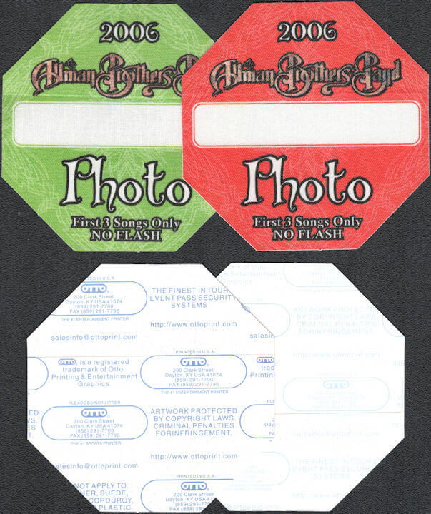 ##MUSICBP0582 - 2 Different Colored 2006 Allman Brothers OTTO Cloth Backstage Photo Passes from the "2006" Tour