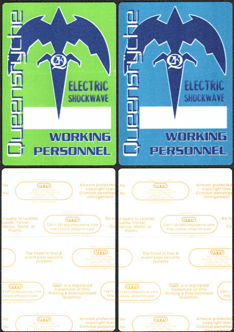 ##MUSICBP0177 - Pair of Different Colored Queensryche Working Personnel OTTO Cloth Backstage Passes from the 1999 Electric Shockwave Tour