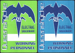 ##MUSICBP0177 - Pair of Different Colored Queensryche Working Personnel OTTO Cloth Backstage Passes from the 1999 Electric Shockwave Tour