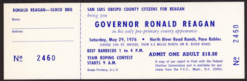 #PL300 - Rare 1976 Reagan Pre-Primary BBQ Ticket - He didn't win that year