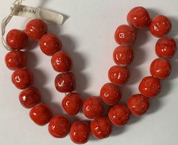 #BEADS0885 - Strand of 24 Large Cherry Brand Glass 11mm Fire Engine Red Baroque (Dimpled) Glass Beads