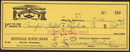 #UPaper082 - Ritzville Trading Company 1940s Check with Indian Logo