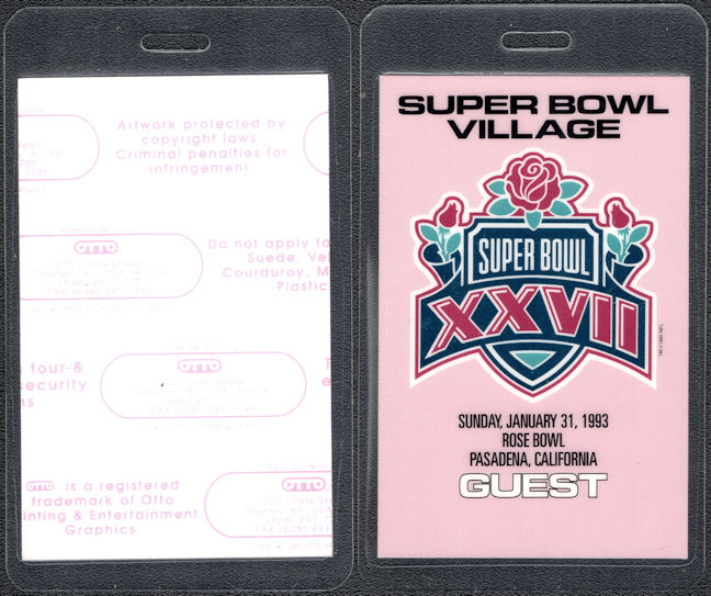 ##MUSICBP1489 - 1993 Super Bowl XXVll (27) Laminated Super Bowl Village Pass - Buffalo Bills vs. Dallas Cowboys