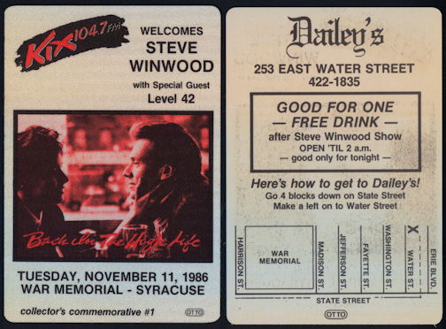 ##MUSICBP0339 - Steve Winwood Cloth Collector's Backstage Pass from the 1986 Concert in Syracuse, NY
