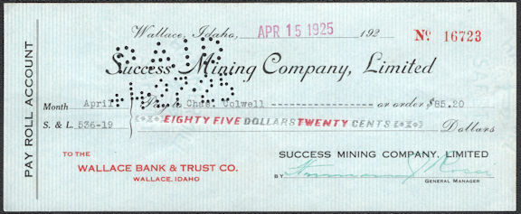 #UPaper196 - Mid 1920s Success Mining Company Check - Wallace, ID