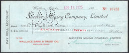#UPaper196 - Mid 1920s Success Mining Company Check - Wallace, ID