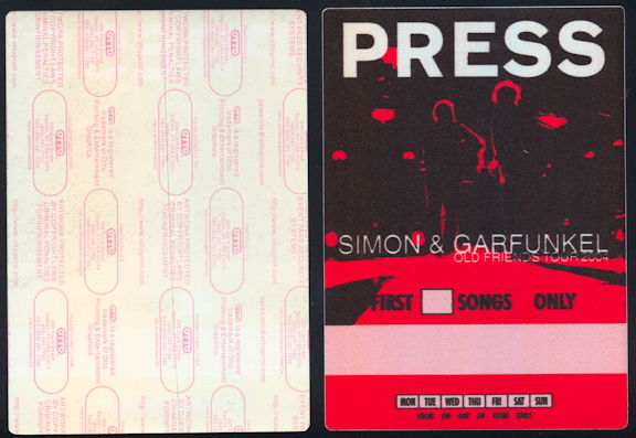 ##MUSICBP0422 - Huge Oversize Simon and Garfunkel First Song Only Backstage Press Pass from the 2004 Old Friends Reunion Tour