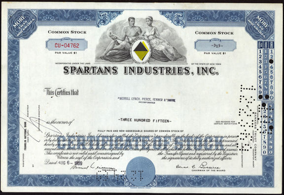 #ZZStock055 - Spartans Industries, Inc. Stock Certificate