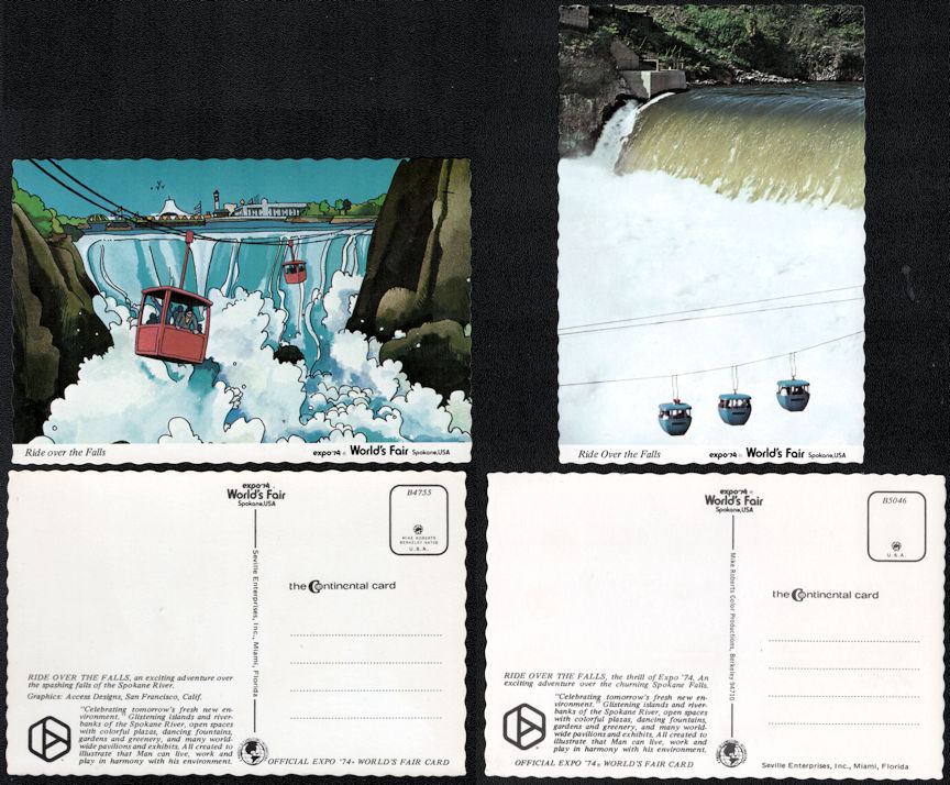 #UPaper221  - Pair of 1974 Spokane World's Fair Postcards Showing the Ride Over the Falls