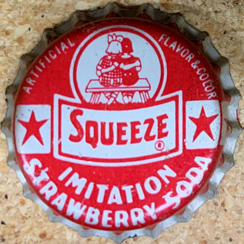 #BF214 - Group of 3 Rare Cork Lined Squeeze Strawberry Soda Cap with Kids Sitting on a Bench Pictured