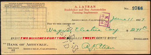 #ZZZ171  - Check from a 1927 Studebaker and Star Automobile Dealership - Star Auto is rare
