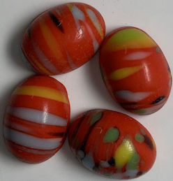 #BEADS0914 - Group of 4 Orangish Red Base 14mm Glass Cabochons with Stripes and Color Patches