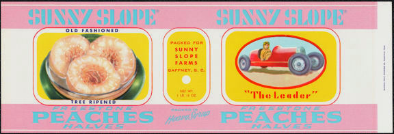 Sunny Slope Freestone Peach Halves Can Label - Pictures Boy in Soap Box