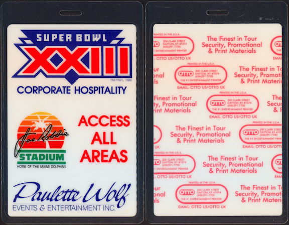 ##MUSICBP1189 - 1989 Oversized OTTO Super Bowl XXIII All Access Laminated Backstage Pass - Billy Joel
