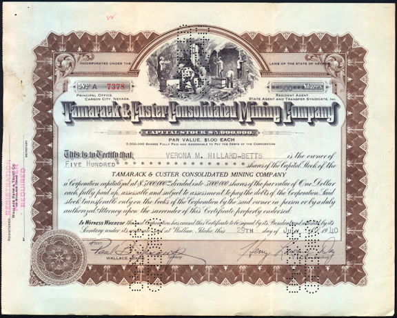 #ZZStock083 - Tamarack & Custer Mining Company Stock Certificate