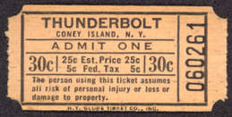 #MISCELLANEOUS252 - Unused Coney Island Ticket for the Thunderbolt Wooden Roller Coaster