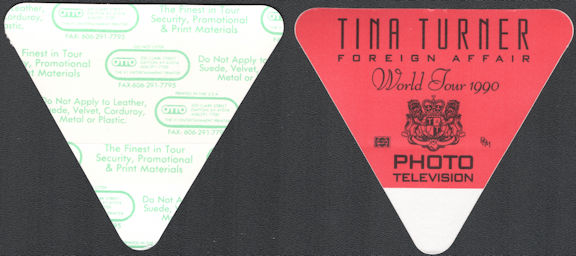 ##MUSICBP0729 - Rare Tina Turner OTTO Cloth Backstage Photo Pass from the 1990 Foreign Affair Tour