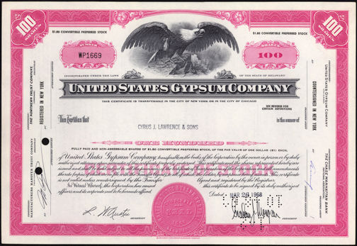 #ZZCE052 - United State Gypsum Stock Certificate