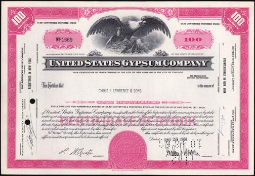 #ZZStock052 - United State Gypsum Stock Certificate