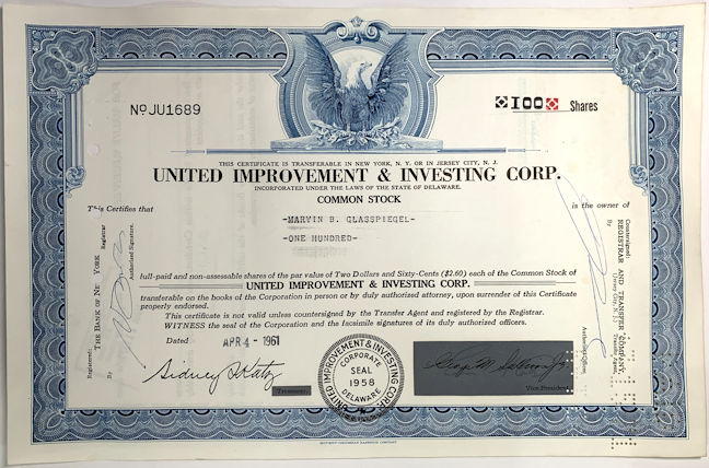 #ZZStock101 - United Improvement & Investing Corp. Stock Certificate