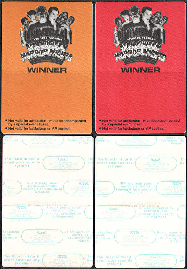 ##MUSICBP0878 - Pair of 1992 Universal Studios Halloween Horror Nights OTTO Cloth Winner Pass/Sticker - Frankenstein, Dracula, Wolfman, etc. Pictured