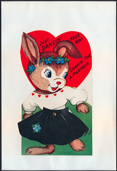 #HH211 - Large Diecut Mechanical Valentine with Dancing Rabbit - Original Envelope