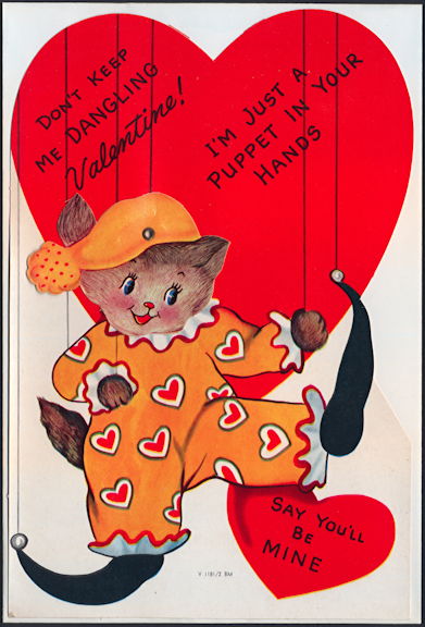 #HH200 - Huge Diecut Mechanical Valentine with Cat that is a Jester Puppet - Original Envelope