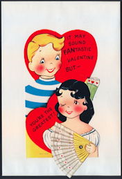 #HH207 - Large Diecut Mechanical Valentine with Boy and Girl with Fan - Original Envelope