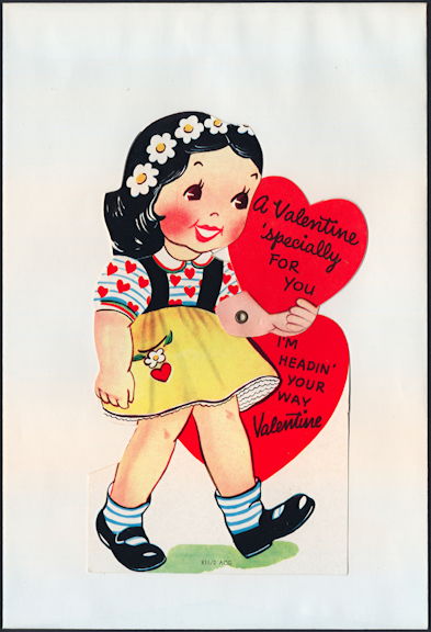 #HH210 - Large Diecut Mechanical Valentine with Girl Carrying a Heart - Original Envelope