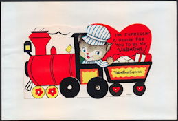 #HH197 - Large Diecut Mechanical Valentine with Cat Driving a Choo Choo Train - Original Envelope