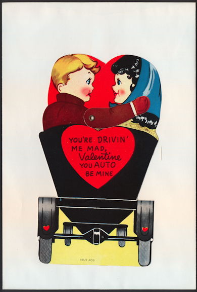 #HH196 - Large Diecut Mechanical Valentine with Young Couple in Buggy - Original Envelope