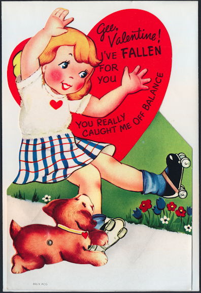 #HH209 - Huge Diecut Mechanical Valentine with Roller Skating Girl and Dog - Original Envelope