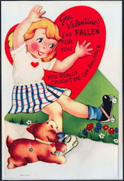 #HH209 - Huge Diecut Mechanical Valentine with Roller Skating Girl and Dog - Original Envelope