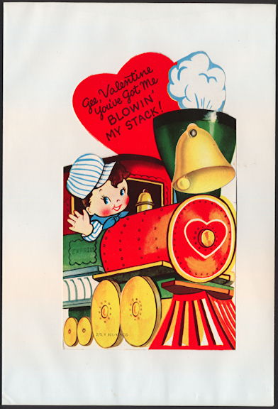 #HH198 - Large Diecut Mechanical Valentine with Boy Driving a Choo Choo Train - Original Envelope