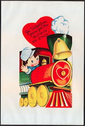 #HH198 - Large Diecut Mechanical Valentine with Boy Driving a Choo Choo Train - Original Envelope