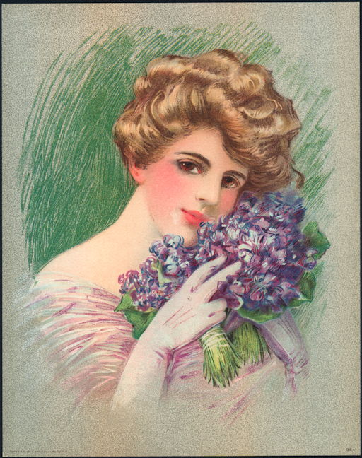 #MS205 - 1910 Victorian Print - Lady with Two Bouquets of Purple Flowers