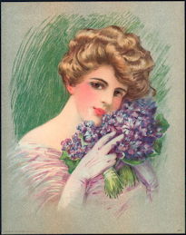 #MSPRINT205 - 1910 Victorian Print - Lady with Two Bouquets of Purple Flowers