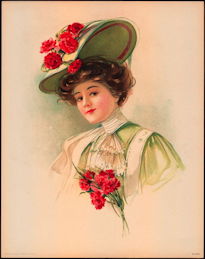#MS202 - 1908 Victorian Print - Lady in Hat with Large Red Carnations