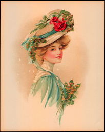#MS171 - 1908 Victorian Print - Lady in Blue with Red Rose in Hat